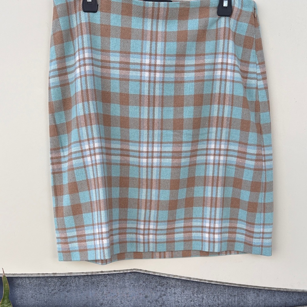 Talbots Aqua and Brown Plaid Pencil Skirt